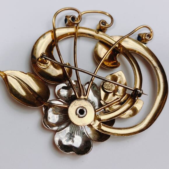 VTG Signed Harry Iskin Mid Century Gold Filled Floral Brooch Blue Rhinestone 40s - Picture 7 of 15